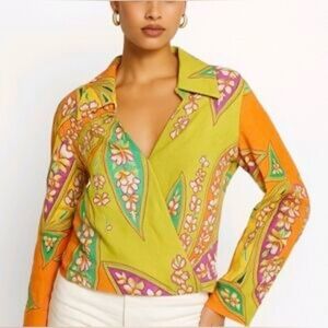 HAUTE HIPPIE Multicolored Boho Faux Wrap Long Sleeve Top